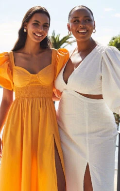 Showpo Miggy Midi Dress - Puff Sleeve Cut Out Split Dress In White -Showpo Women's Clothing Store 02 0193 1