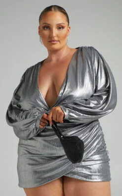 Showpo Konoha Plunge Neck Draped Bodycon Mini Dress In Silver -Showpo Women's Clothing Store 08.02.22 Riley x Sarah x Anthony85727