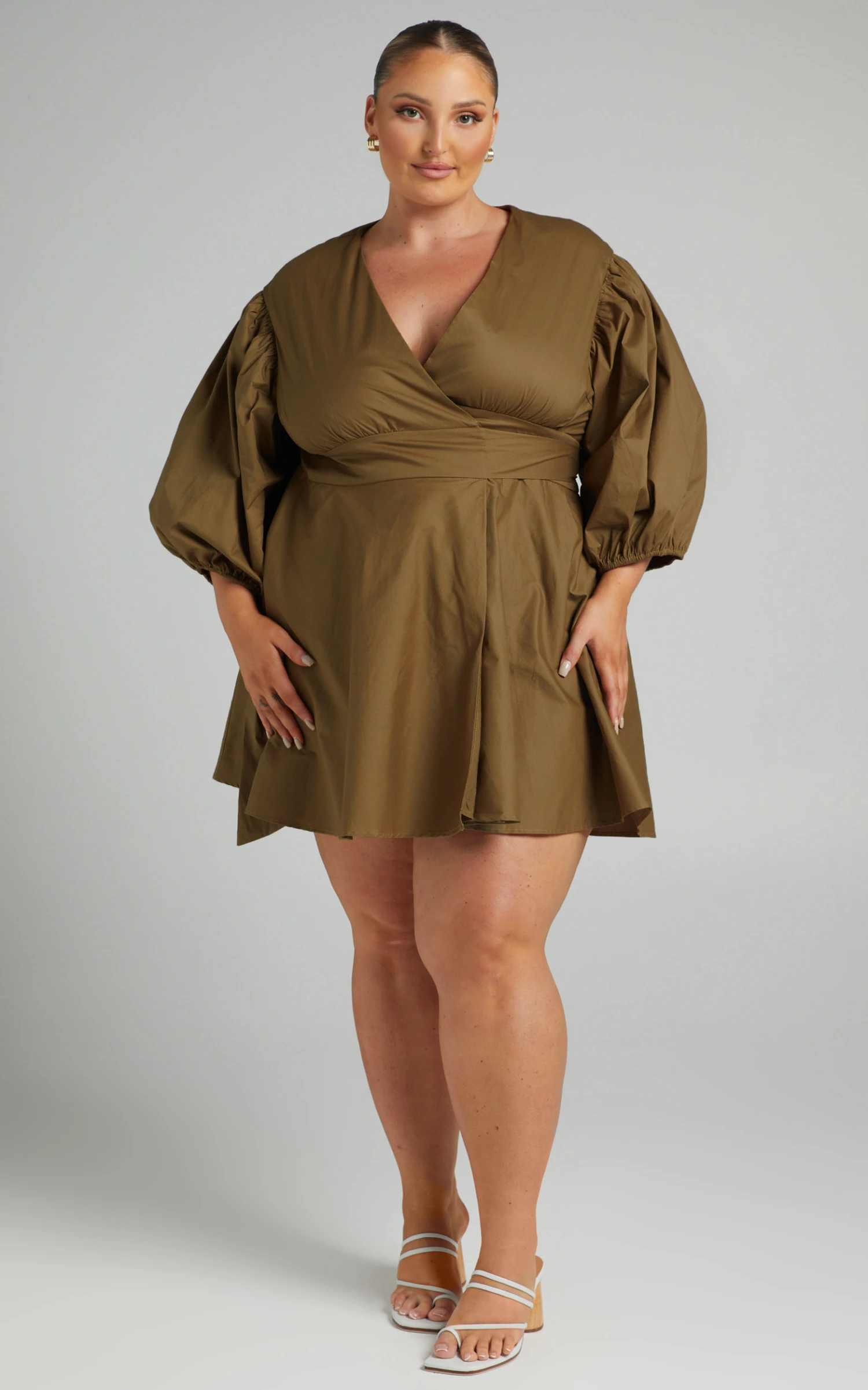 Showpo Zyla Puff Sleeve Wrap Mini Dress In Olive 3 Showpo Zyla Puff Sleeve Wrap Mini Dress In Olive - Image 3