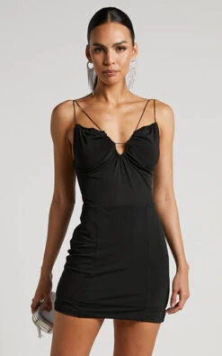 Showpo Benice Mini Dress - Slender Strap Mesh Bodice Dress In Black