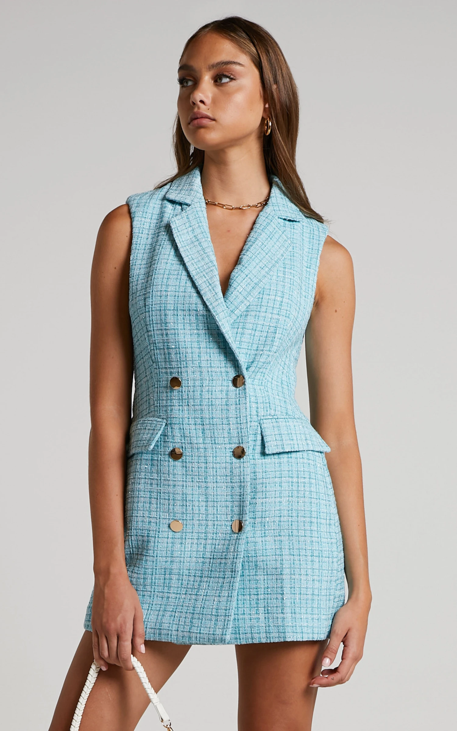 Showpo Sheba Blazer Dress - Tweed Sleeveless Mini Blazer Dress In Blue 2 Showpo Sheba Blazer Dress - Tweed Sleeveless Mini Blazer Dress In Blue - Image 2