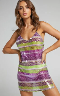 Showpo Cacai V Neck Slip Sequin Mini Dress In Green/purple