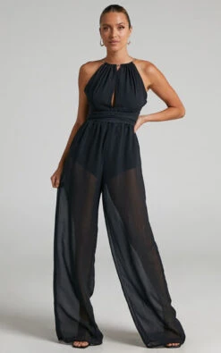 Showpo Chanda Halter Neck Chain Sheer Wide Leg Jumpsuit In Black
