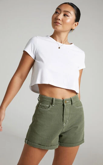 Showpo Hinkley Denim Shorts In Khaki 1 Showpo Hinkley Denim Shorts In Khaki