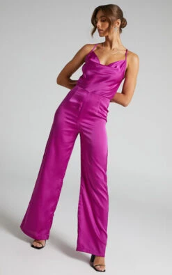 Showpo Kylene Cowl Neck Palazzo Satin Jumpsuit In Mulberry