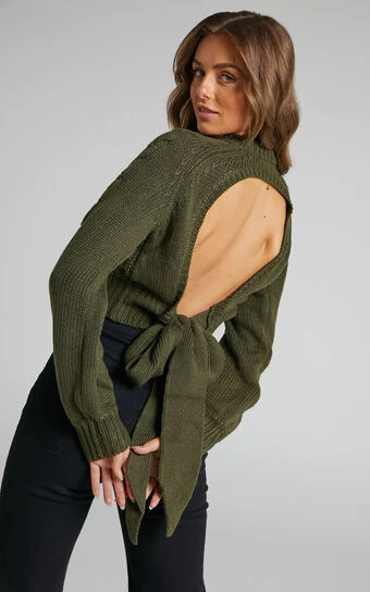 Showpo Maue Long Sleeve Open Back Knit Top In Khaki