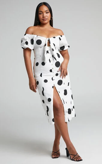 Showpo Roybeth Tie Bust Button Front Puff Sleeve Midi Dress In Black Spot 1 Showpo Roybeth Tie Bust Button Front Puff Sleeve Midi Dress In Black Spot