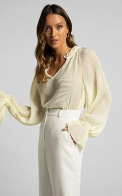 Showpo Kerray Top - V Neck Long Sleeve Pleated Top In Cream 14 Showpo Kerray Top - V Neck Long Sleeve Pleated Top In Cream -Showpo Women's Clothing Store 18.04.23 Angie x Nat x Casey72542