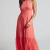 Showpo Cariele Strappy Tiered Dotted Maxi Dress In Coral