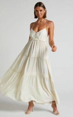 Showpo Ermengard Tiered Pin Tuck Cross Back Maxi Dress In Off White