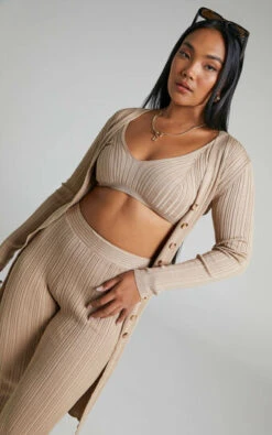 Showpo Farhana Rib Knitted Longline Cardigan In Beige