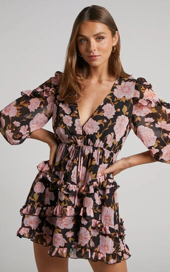 Showpo Haidy Long Sleeve Plunge Tiered Mini Dress In Romantic Floral 1 Showpo Haidy Long Sleeve Plunge Tiered Mini Dress In Romantic Floral