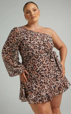 Showpo Sherlena One Shoulder Mini Dress In Leopard -Showpo Women's Clothing Store 1 08.02.22 Riley x Sarah x Anthony85071