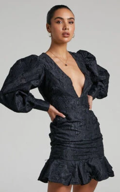 Showpo Baxia Textured Balloon Sleeve Mini Dress In Black