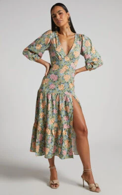 Showpo Alayna Midi Dress - Thigh Split Tiered Floral Dress In Sage