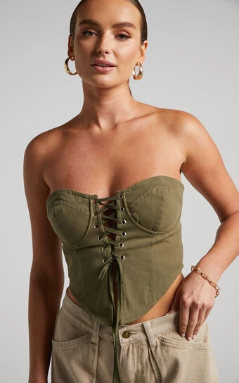 Showpo Alesana Top - Lace Up Strapless Corset Top In Khaki 1 Showpo Alesana Top - Lace Up Strapless Corset Top In Khaki
