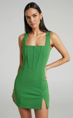 Showpo Aleyna Panelled Corset Side Split Mini Dress In Kelly Green