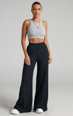 Showpo Amalthea - High Waisted Wide Leg Pant In Jersey Rib In Black