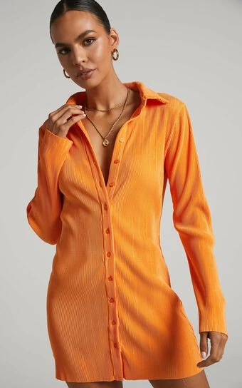 Showpo Amarante Mini Dress - Plisse Button Up Shirt Dress In Orange