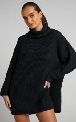 Showpo Ariene Jumper Dress - Oversized Turtle Neck Knit Dress In Black
