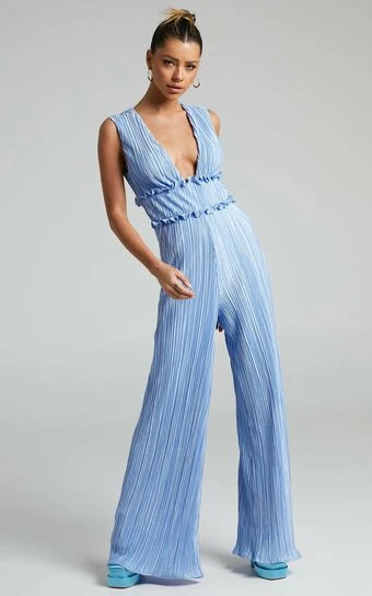 Showpo Armida Plunge Neck Wide Leg Plisse Jumpsuit In Cornflower Blue 1 Showpo Armida Plunge Neck Wide Leg Plisse Jumpsuit In Cornflower Blue