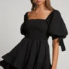 Showpo Chelle Shirred Short Tie Sleeve Mini Dress In Black