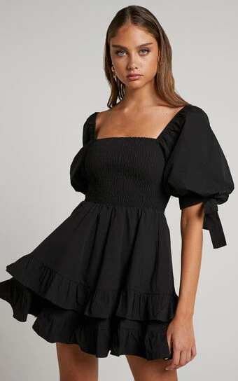 Showpo Chelle Shirred Short Tie Sleeve Mini Dress In Black 1 Showpo Chelle Shirred Short Tie Sleeve Mini Dress In Black