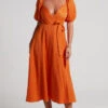 Showpo Cressida Midi Dress - Puff Sleeve Wrap Dress In Orange