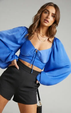 Showpo Delia Long Sleeve Blouse In Blue