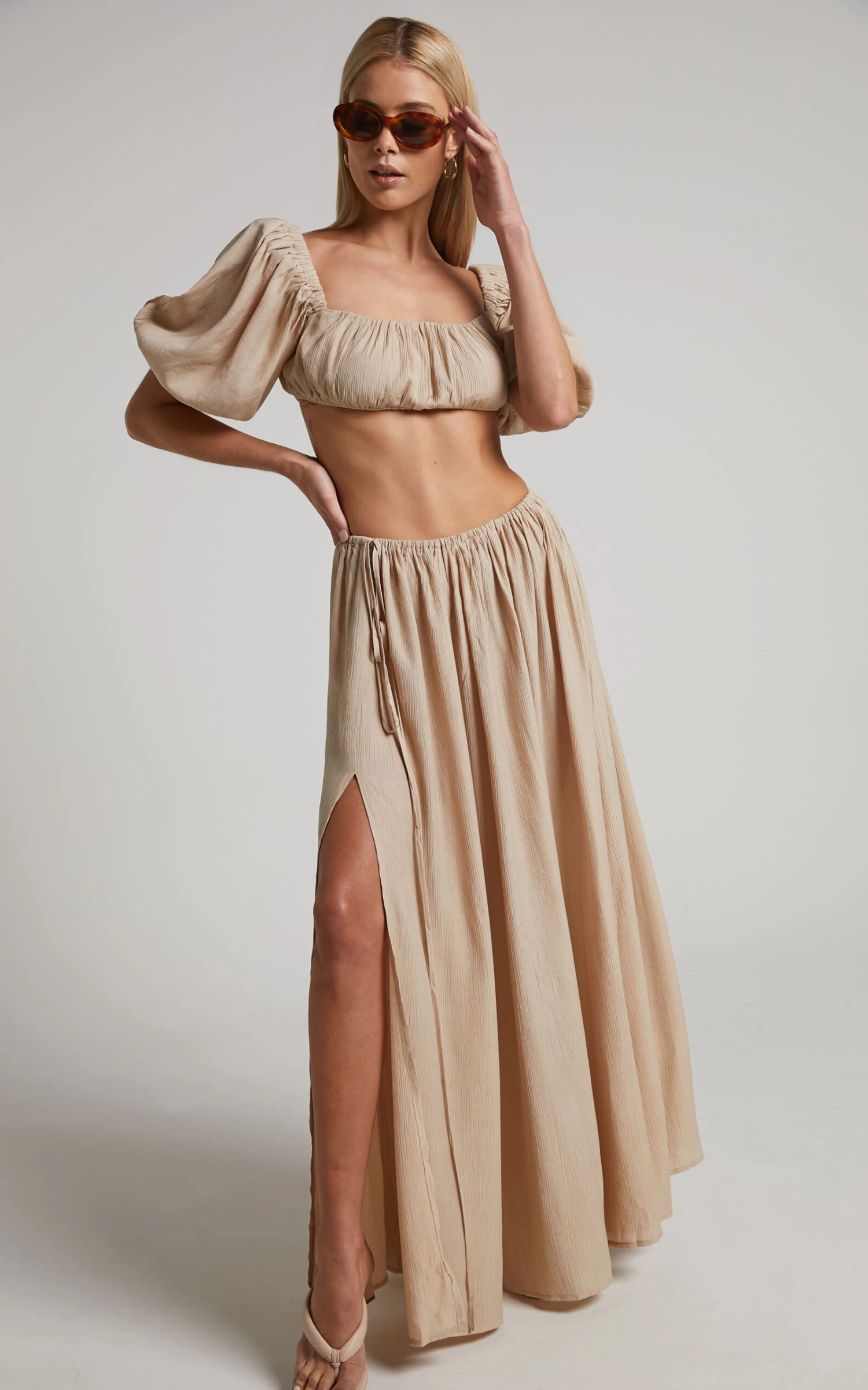 Showpo Dhalia Maxi Skirt - Gathered Split Skirt In Sand 2 Showpo Dhalia Maxi Skirt - Gathered Split Skirt In Sand - Image 2