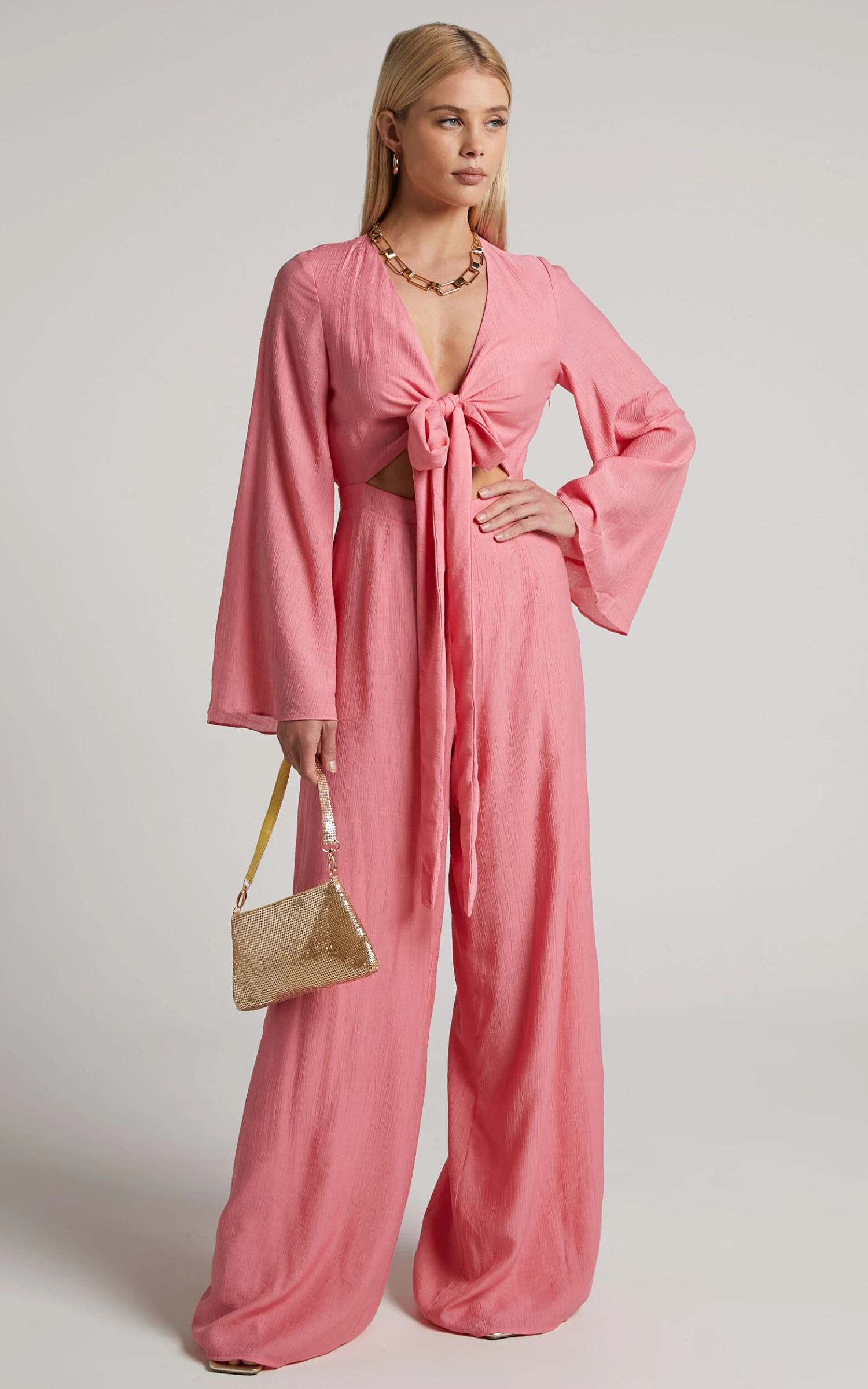 Showpo Dhalia Jumpsuit - Tie Front Long Sleeve Wide Leg Jumpsuit In Pink 2 Showpo Dhalia Jumpsuit - Tie Front Long Sleeve Wide Leg Jumpsuit In Pink - Image 2