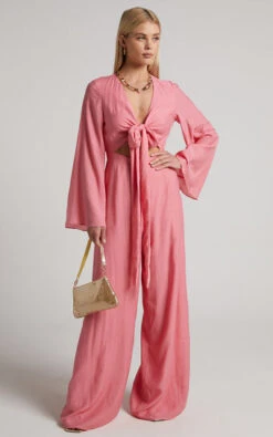 Showpo Dhalia Jumpsuit - Tie Front Long Sleeve Wide Leg Jumpsuit In Pink