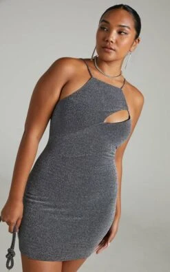 Showpo Emeraude Split Bust Lurex Mini Dress In Black And Silver