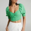 Showpo Feliza Ruched Sweetheart Bust Puff Sleeve Crop Top In Green Floral