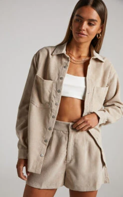 Showpo Hillevi Corduroy Shacket In Sand