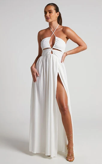Showpo Isabeau Maxi Dress - High Slit Strappy Halter Dress In White 1 Showpo Isabeau Maxi Dress - High Slit Strappy Halter Dress In White
