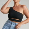 Showpo Joellyn Asymmetric Front Cut Out Ribbed Crop Tank In Black