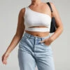 Showpo Joellyn Asymmetric Front Cut Out Ribbed Crop Tank In White