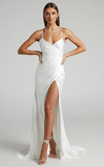 Showpo Joesa Bridal Gown - Split V Neck Fixed Wrap Gown In White 1 Showpo Joesa Bridal Gown - Split V Neck Fixed Wrap Gown In White