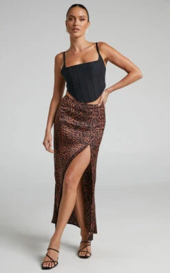 Showpo Kerensa Printed Midi Side Split Slip Skirt In Choc Animal