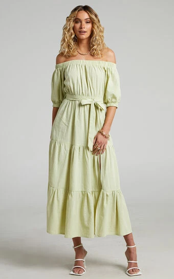 Showpo Leora Off Shoulder Tiered Maxi Dress In Sage 1 Showpo Leora Off Shoulder Tiered Maxi Dress In Sage