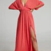 Showpo Phillipha Underbust Tie Angel Sleeve Maxi Dress In Watermelon