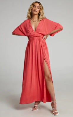 Showpo Phillipha Underbust Tie Angel Sleeve Maxi Dress In Watermelon