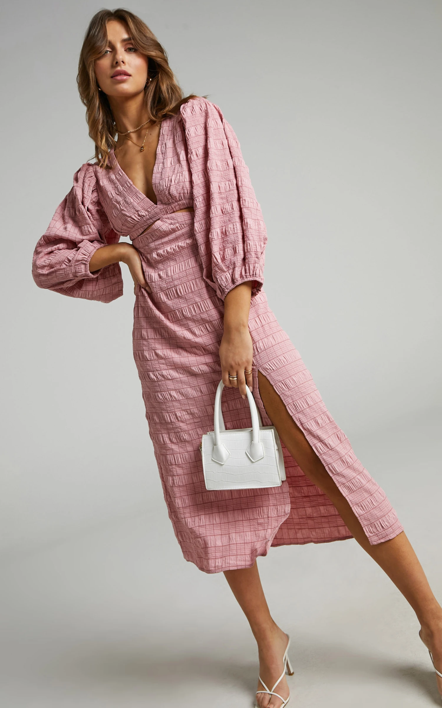 Showpo Tabatha Puff Sleeve Cut Out Midi Dress In Pink Check 2 Showpo Tabatha Puff Sleeve Cut Out Midi Dress In Pink Check - Image 2