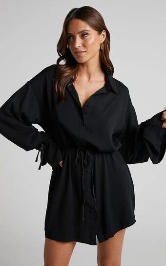 Showpo Wynter Waist Tie Shirt Dress In Black 1 Showpo Wynter Waist Tie Shirt Dress In Black