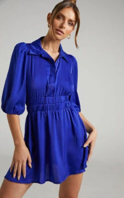 Showpo Raicy Collared Shirred Waist Mini Dress In Blue