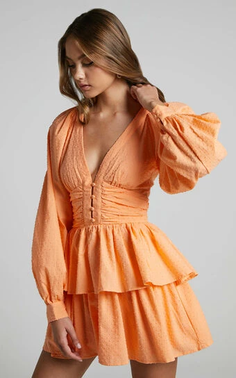 Showpo Suki Mini Dress - Plunge Neck Balloon Sleeve Tiered Ruffle Dress In Sherbet 1 Showpo Suki Mini Dress - Plunge Neck Balloon Sleeve Tiered Ruffle Dress In Sherbet