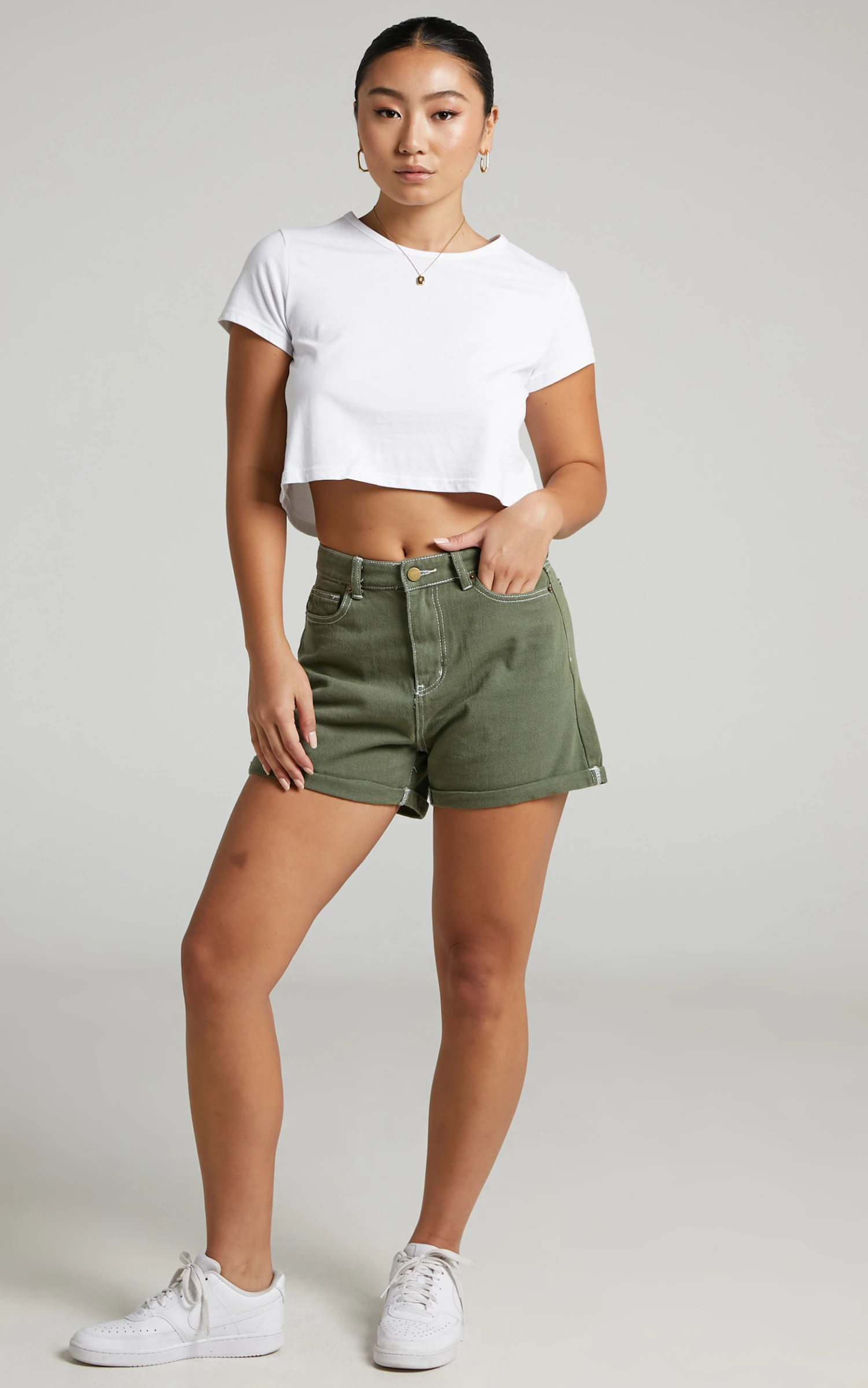 Showpo Hinkley Denim Shorts In Khaki 3 Showpo Hinkley Denim Shorts In Khaki - Image 3