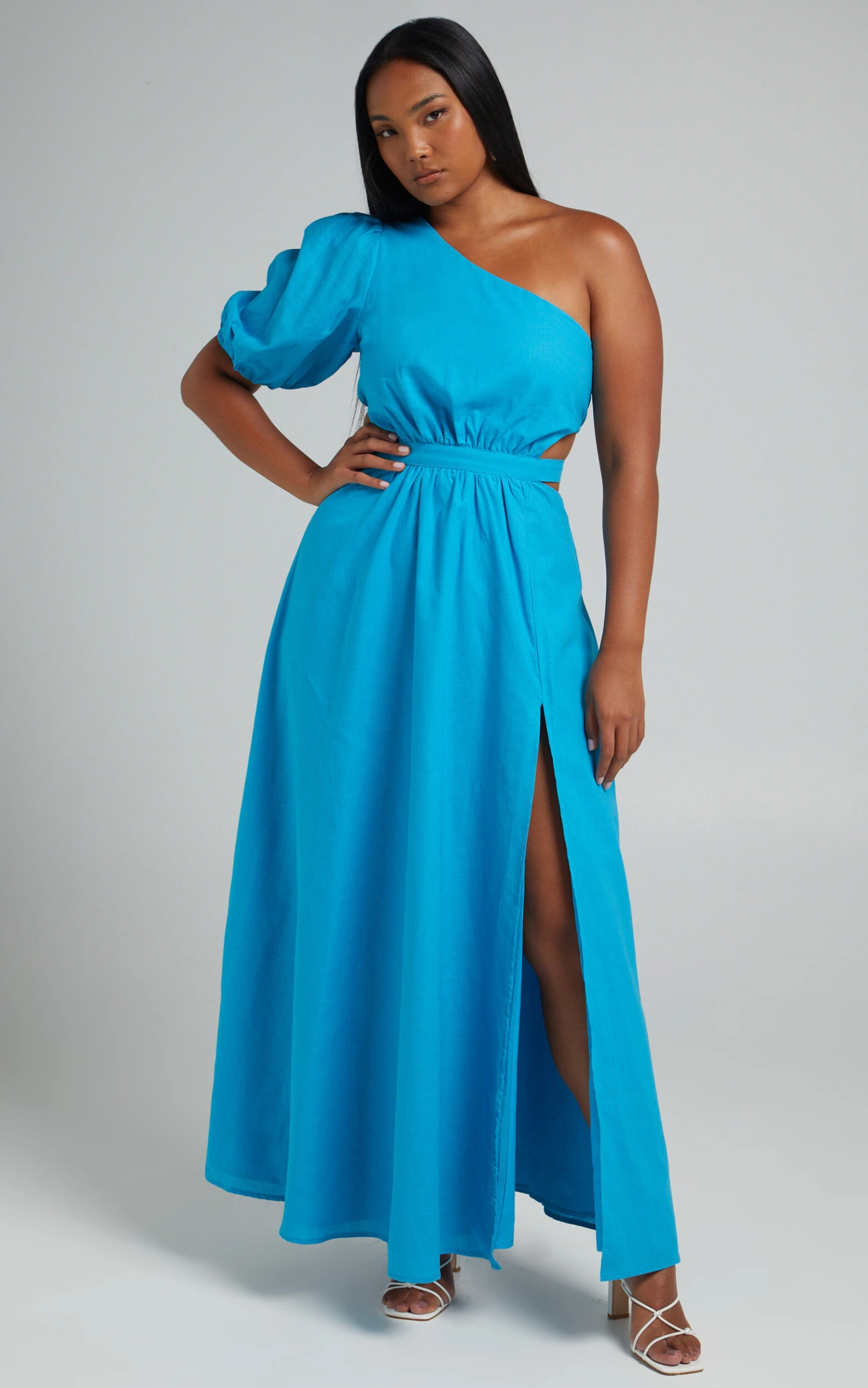 Showpo Cedie One Shoulder Puff Sleeve Maxi Dress In Blue 4 Showpo Cedie One Shoulder Puff Sleeve Maxi Dress In Blue - Image 4