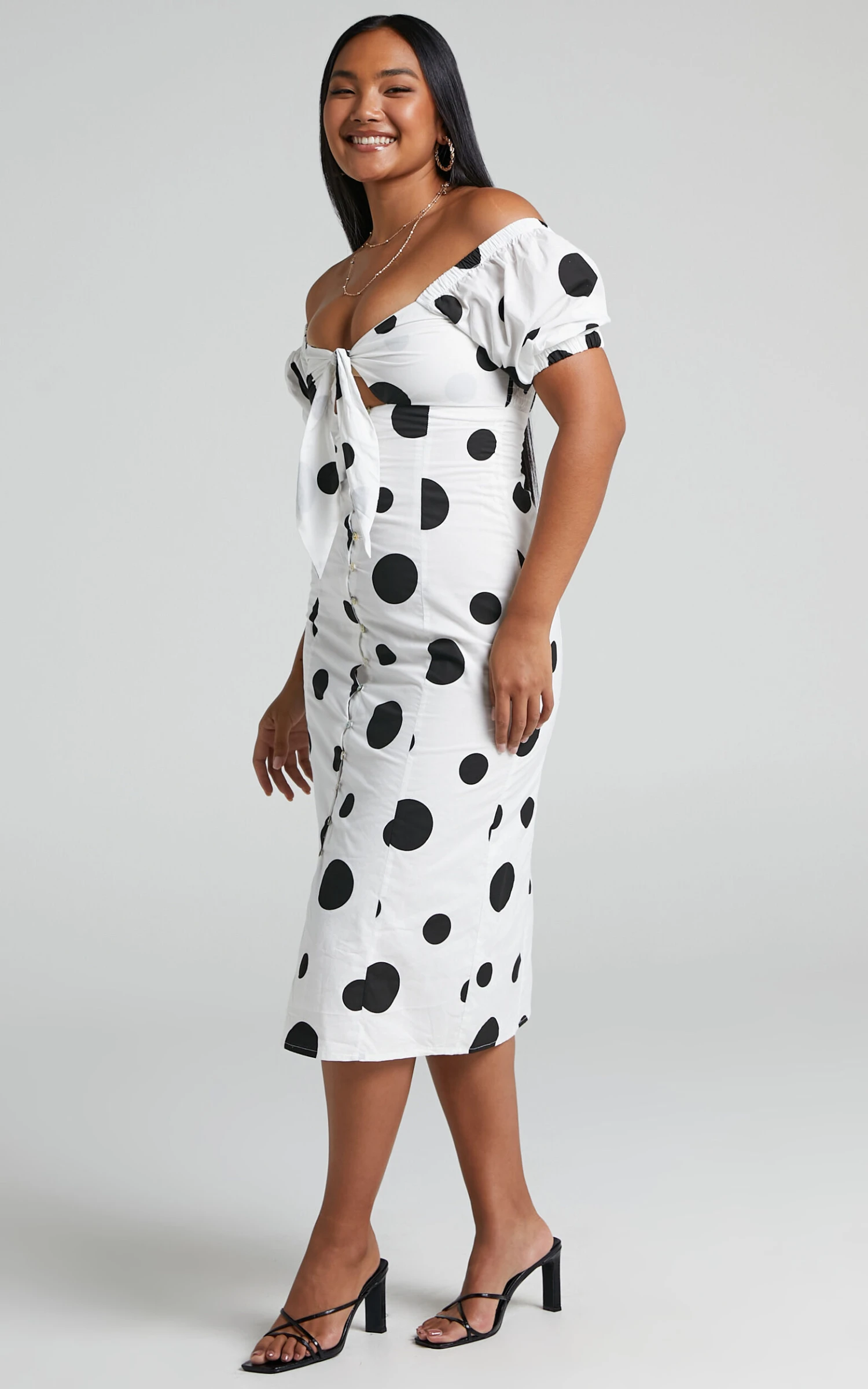 Showpo Roybeth Tie Bust Button Front Puff Sleeve Midi Dress In Black Spot 3 Showpo Roybeth Tie Bust Button Front Puff Sleeve Midi Dress In Black Spot - Image 3
